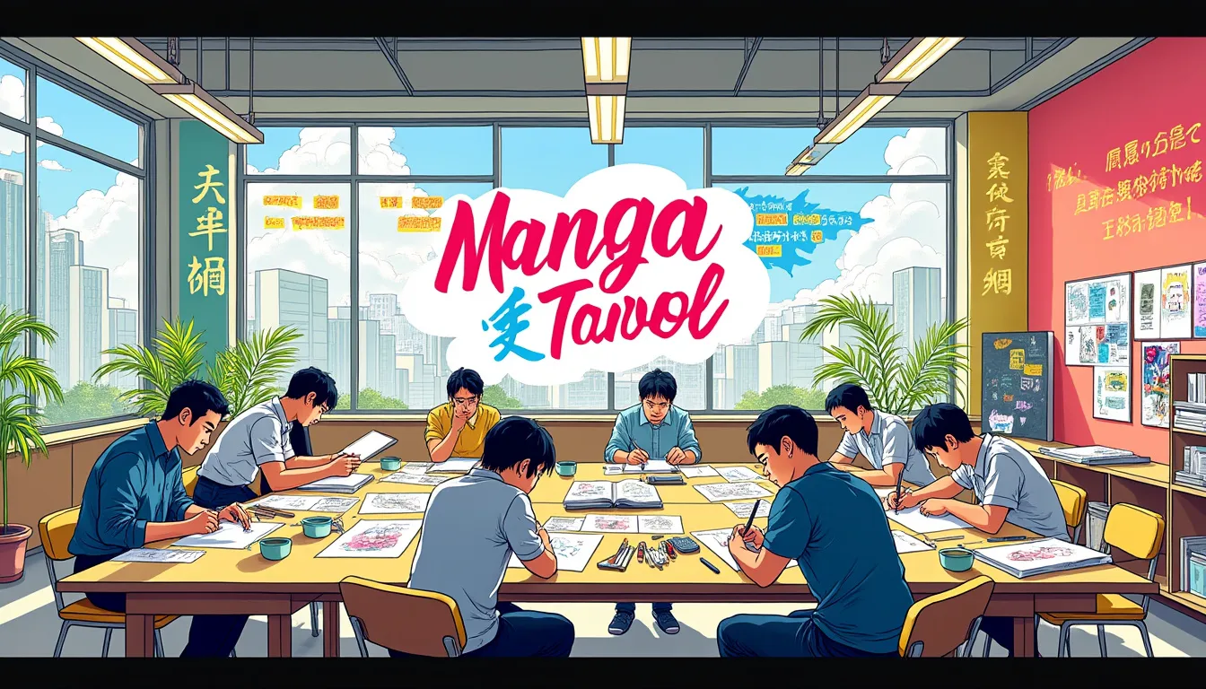 Plusieurs planches de manga au crayon posées côte à côte sur une table de travail.