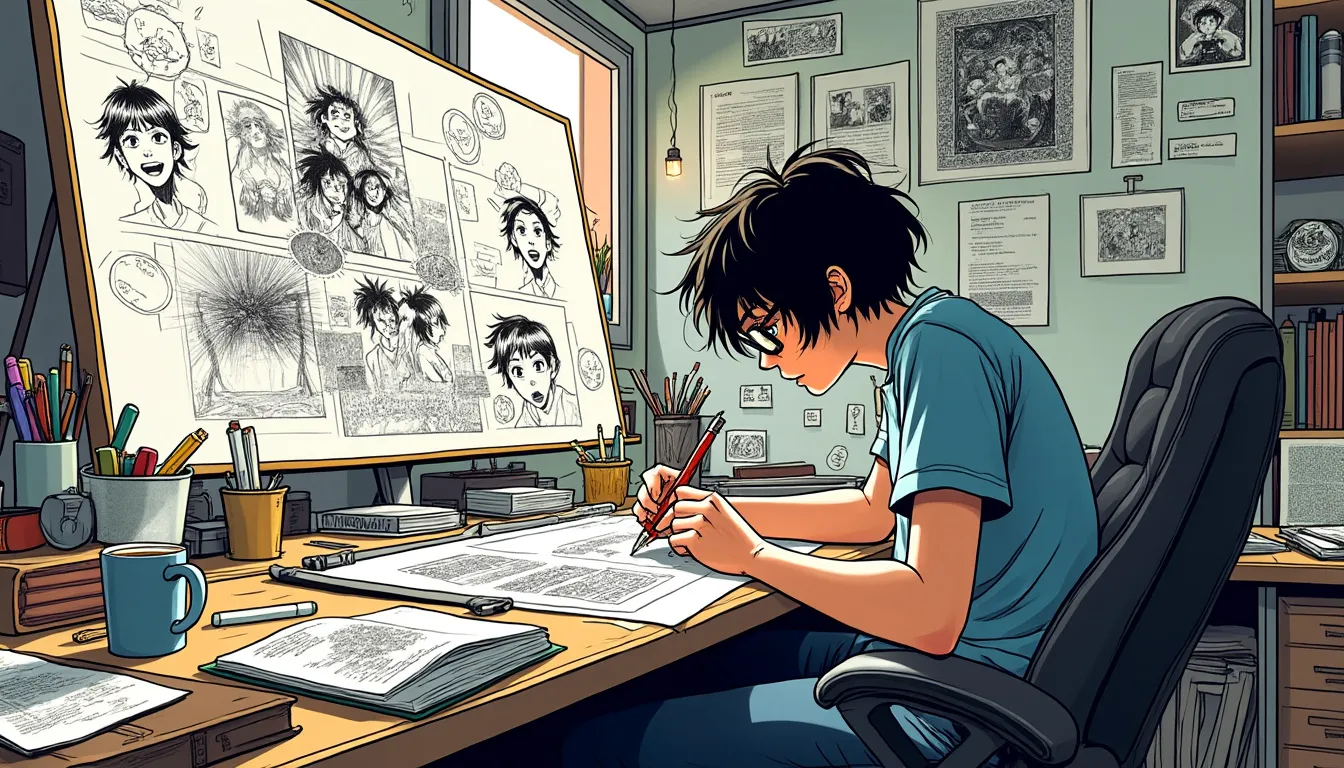 Planches de manga au crayon, découpage des cases avant l’encrage