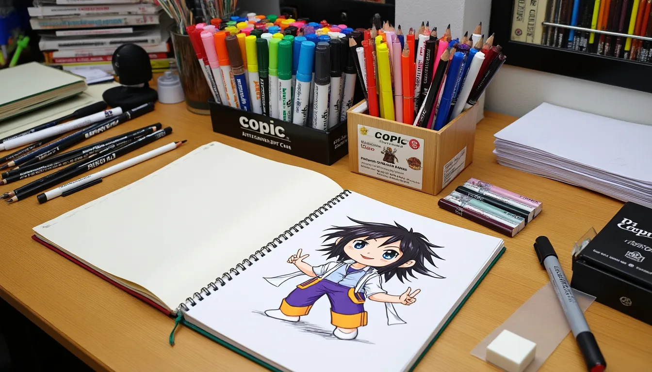 Feutres, encre et crayons aquarellables posés sur une planche de manga en cours